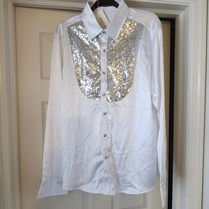 Zeroyaa brand button up satin sequin shirt. Size large, new with tags